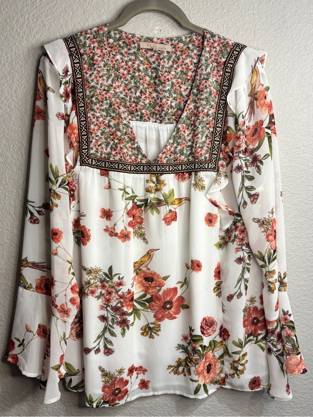 Boho Floral V-Neck Peasant Blouse in Ivory and Coral - Picture 3 of 5